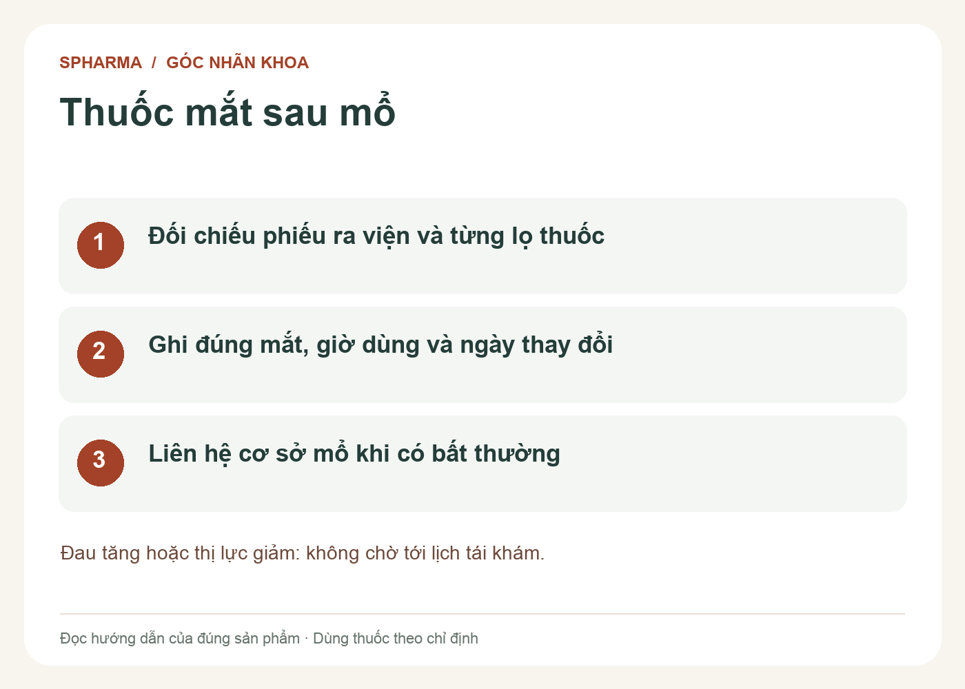 Thuốc mắt sau mổ: Đối chiếu phiếu ra viện và từng lọ thuốc; Ghi đúng mắt, giờ dùng và ngày thay đổi; Liên hệ cơ sở mổ khi có bất thường. Đau tăng hoặc thị lực giảm: không chờ tới lịch tái khám.